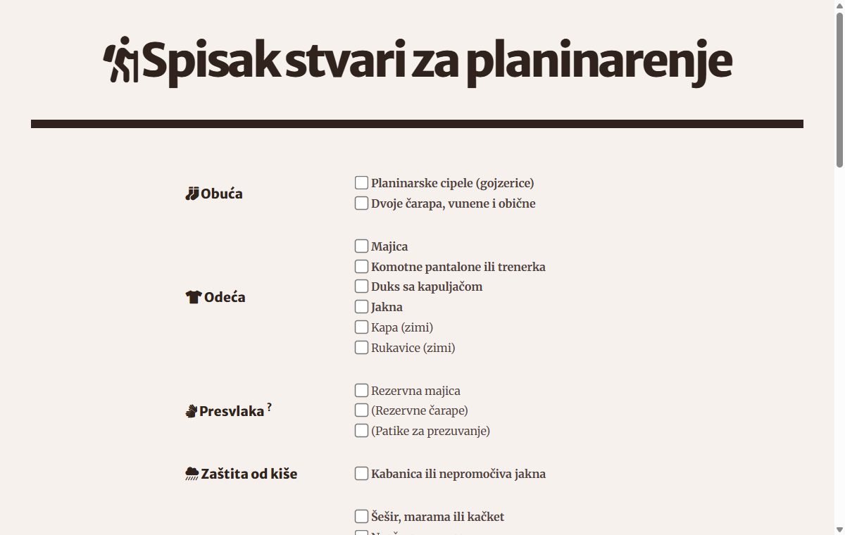 Snimak projekta Spisak za planinarenje